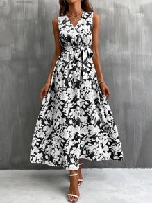 SHEIN LUNE 印花繫腰帶連衣裙