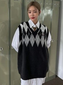 DAZY 1pc Letter Patched Argyle Pattern Sweater Vest Without Blouse - Black - View 9