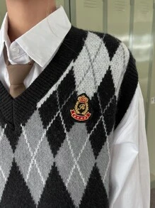 DAZY 1pc Letter Patched Argyle Pattern Sweater Vest Without Blouse - Black - View 5