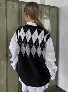DAZY 1pc Letter Patched Argyle Pattern Sweater Vest Without Blouse - Black - View 7