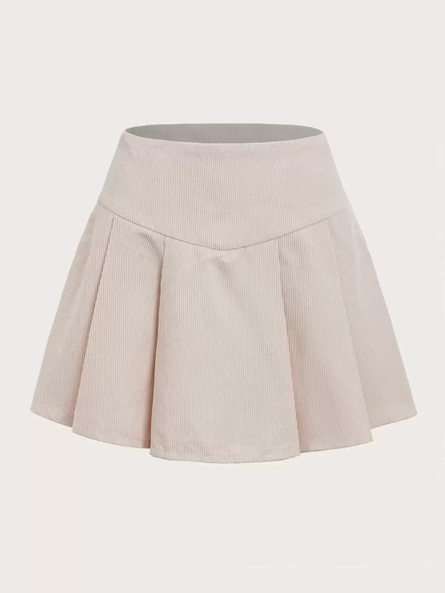 SHEIN MOD High Waist Fold Pleated Cord Skirt - Apricot - View 1