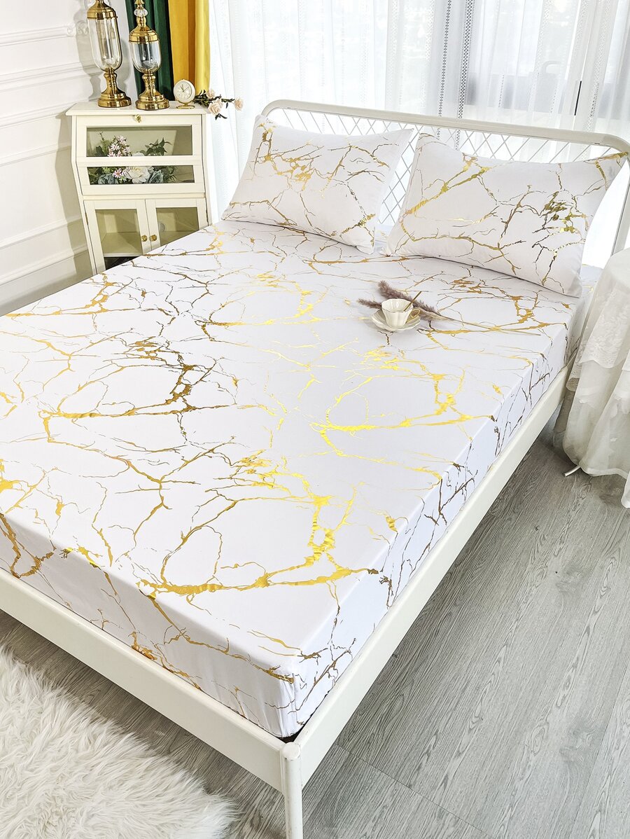 Metallic Marble Print Fitted Sheet Set Without Filler