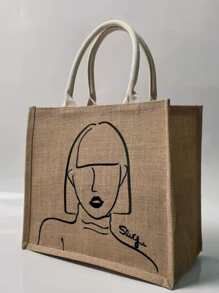 Figure & Letter Graphic Top Handle Bag - Brown - View 1