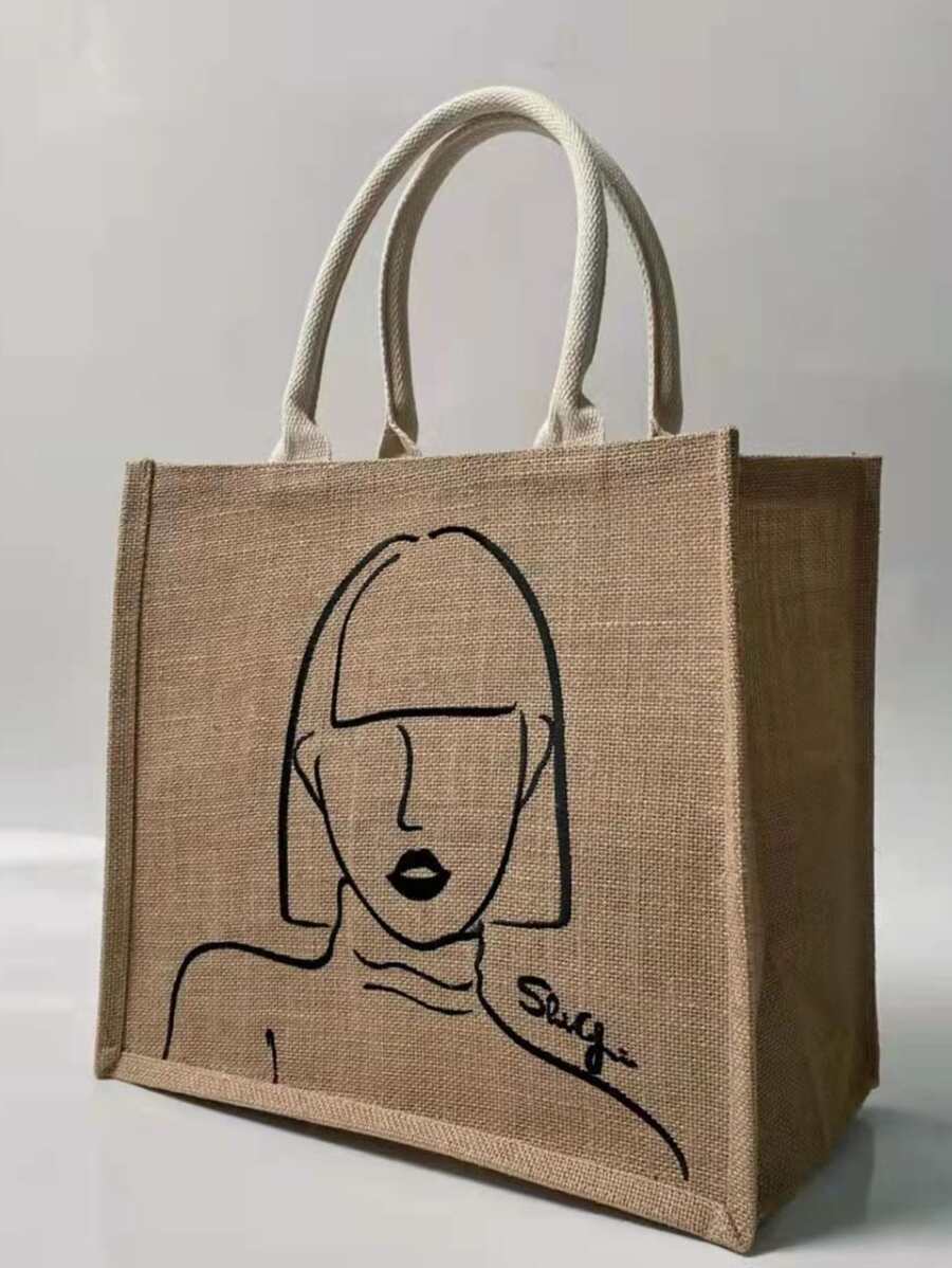 Figure & Letter Graphic Top Handle Bag - Brown - View 1