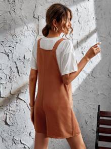 Knot Front Pocket Patched Overall Romper Without Tube Top - Brown - View 2