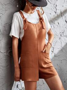 Knot Front Pocket Patched Overall Romper Without Tube Top - Brown - View 5