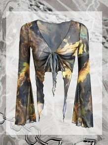 SHEIN ICON 頹廢搖滾大理石圖案木耳邊前繫帶網紗短款上衣 - 彩色 - 查看 2