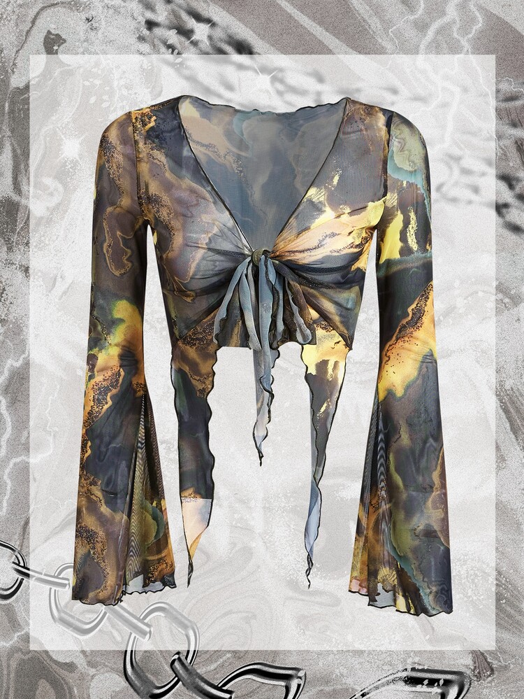 SHEIN ICON Grunge Marble Print Lettuce Trim Tie Front Mesh Crop Top - Multicolor - View 2