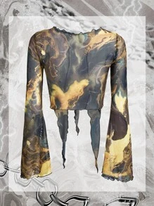 SHEIN ICON 頹廢搖滾大理石圖案木耳邊前繫帶網紗短款上衣 - 彩色 - 查看 6