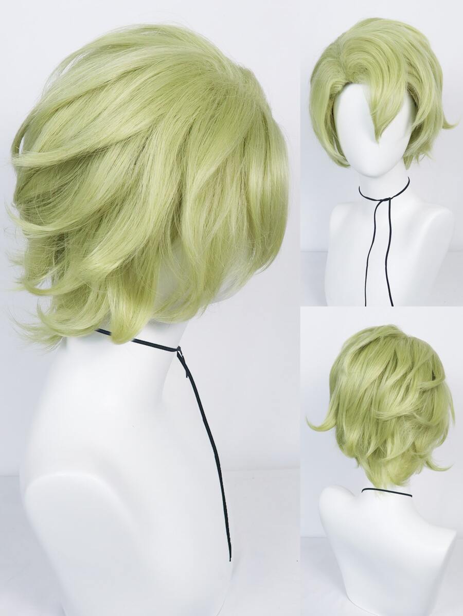 1pc Tóc giả tổng hợp Cosplay xoăn ngắn với tóc mái và 1pc tóc giả Cap - màu xanh lá - Xem 1