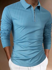 Manfinity Men Striped Quarter Zipper Polo Shirt - Baby Blue - View 1