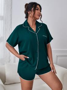 Conjunto de pijama ribete en contraste con parche con bolsillo - Verde Oscuro - Ver 1