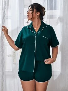 Conjunto de pijama ribete en contraste con parche con bolsillo - Verde Oscuro - Ver 3