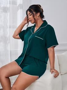 Conjunto de pijama ribete en contraste con parche con bolsillo - Verde Oscuro - Ver 4
