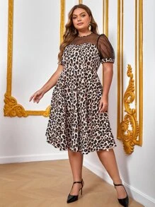 Retro Peaches Plus Leopard Print Contrast Mesh Dress - Multicolor - View 5