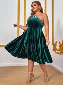 Retro Peaches Plus Leopard Print One Shoulder Velvet Dress - Dark Green - View 5