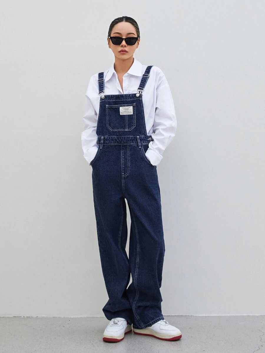DAZY Patch Detail Denim Dungarees Without Blouse - Dark Wash - View 1