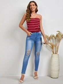 SHEIN Essnce Áo nữ Sọc Giải trí - Màu Đỏ Sâu - Xem 3