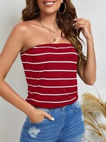 SHEIN Essnce Áo nữ Sọc Giải trí - Màu Đỏ Sâu - Xem 4