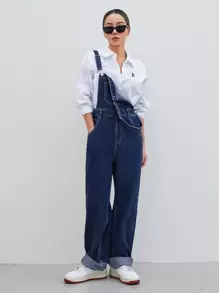 DAZY Patch Detail Denim Dungarees Without Blouse - Dark Wash - View 7