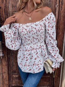 SHEIN VCAY 小碎花印花露肩荷叶边衬衫荷叶边上衣 - 白色 - 查看 3