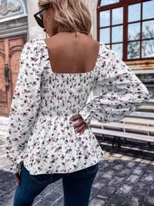 SHEIN VCAY 小碎花印花露肩荷叶边衬衫荷叶边上衣 - 白色 - 查看 4