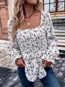 SHEIN VCAY 小碎花印花露肩荷叶边衬衫荷叶边上衣 - 白色 - 查看 6