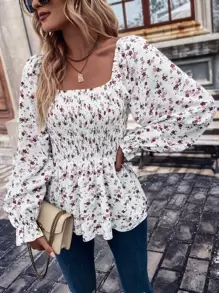 SHEIN VCAY 小碎花印花露肩荷叶边衬衫荷叶边上衣 - 白色 - 查看 2