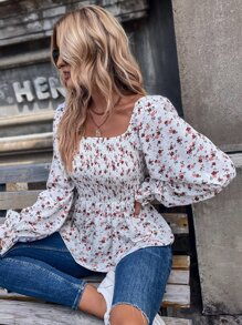 SHEIN VCAY 小碎花印花露肩荷叶边衬衫荷叶边上衣 - 白色 - 查看 1