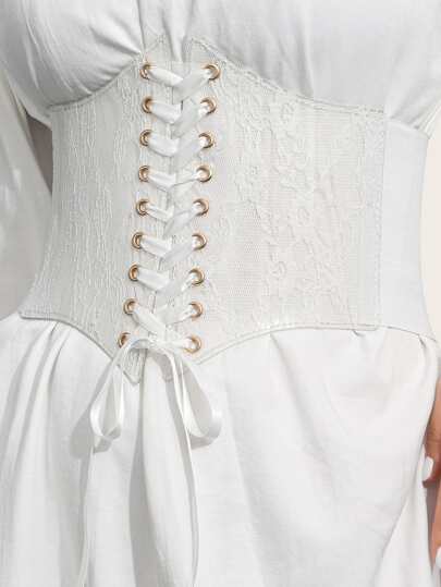 1pc Eyelet Decor Floral Print Lace Up Front Corset Belt Elegant Halloween Waist Trainer Valentine's Day Valentines Accessories For Ladies For Dress Western Cowboy Cowgirl Country Wear Vintage White Belt Women Corset Belt For Dress,Waist Trainer Waist-Shaping For Waist Slimming And Tummy Control