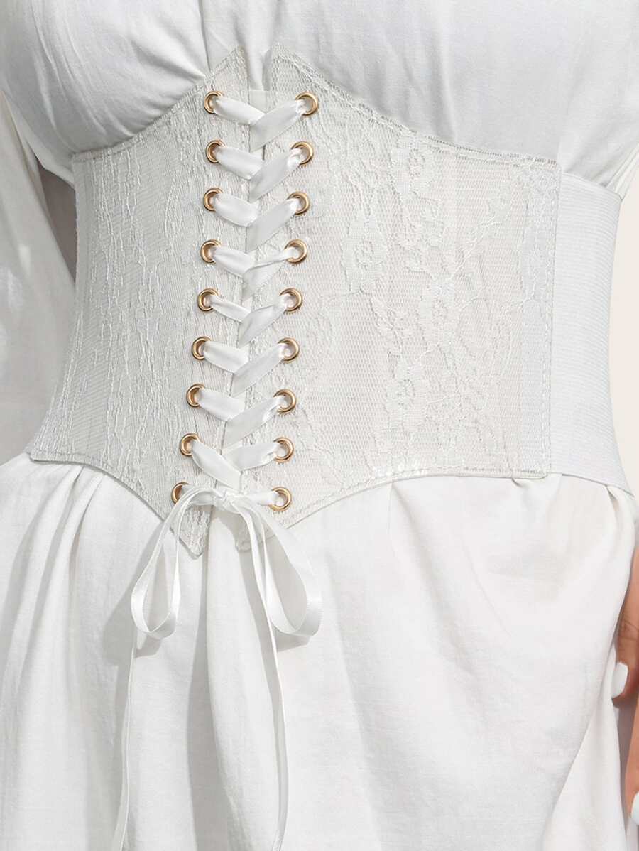 1 件孔眼装饰花卉印花系带束腰带优雅万圣节腰部训练器情人节情人节女士配饰西部牛仔女牛仔乡村服饰复古白色腰带女士束腰带，腰部训练器，塑腰，瘦腰收腹 - 白色 - 查看 1