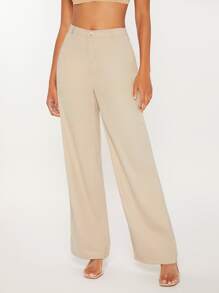 SHEIN Tall High Waist Wide Leg Trousers - Khaki - View 4