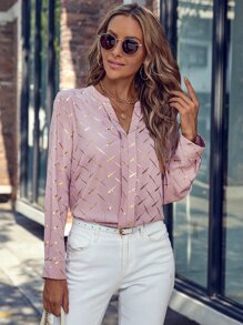 SHEIN LUNE Gold Plaid Print Notched Neck Blouse - Pink - View 3
