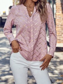 SHEIN LUNE Gold Plaid Print Notched Neck Blouse - Pink - View 4
