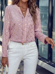 SHEIN LUNE Gold Plaid Print Notched Neck Blouse - Pink - View 5