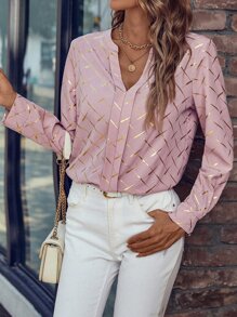 SHEIN LUNE Gold Plaid Print Notched Neck Blouse - Pink - View 6