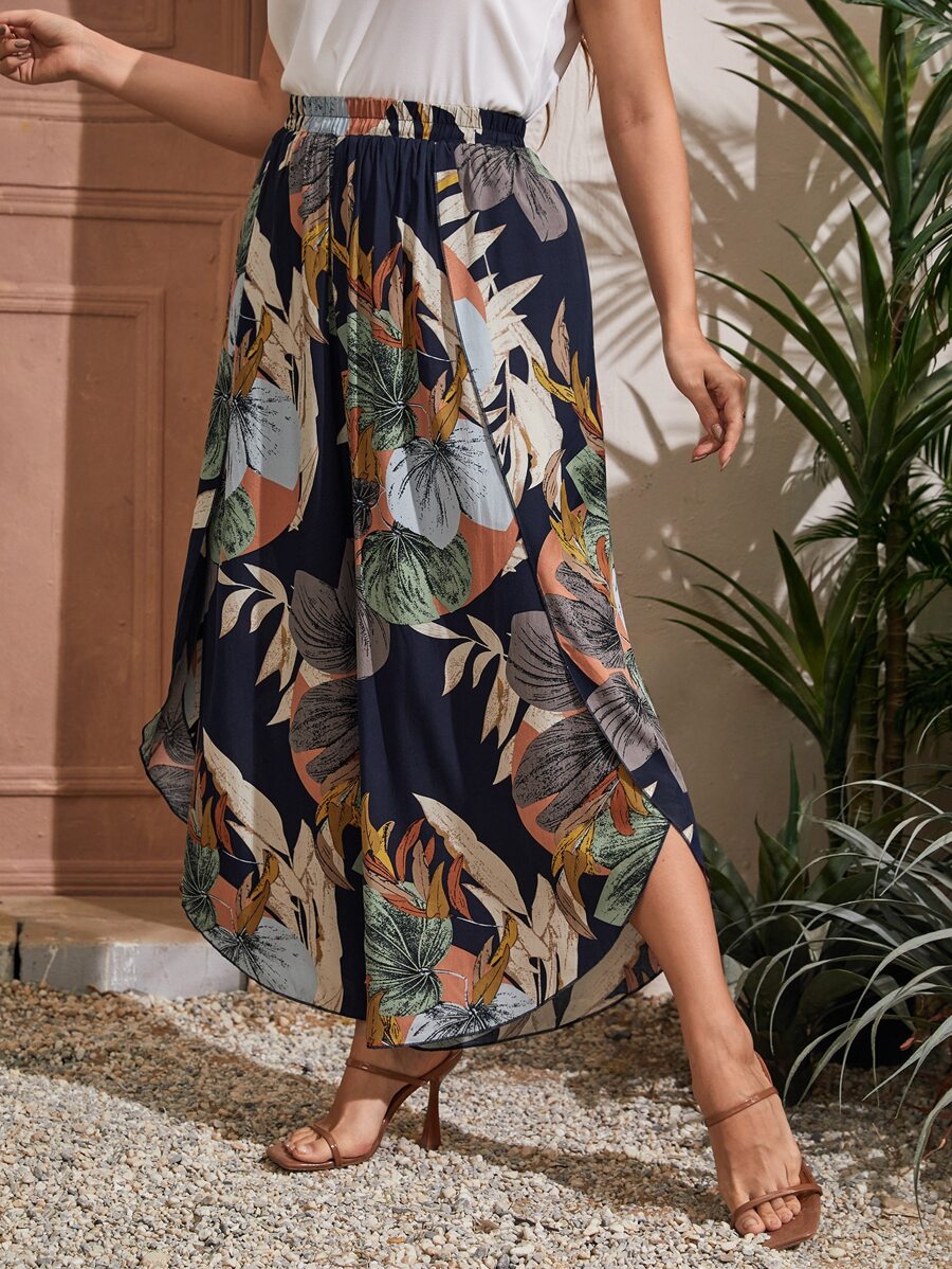 SHEIN VCAY Plus Tropical Print Wide Leg Pants