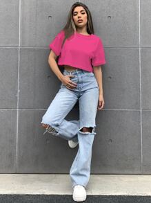 SHEIN LUNE Drop Shoulder Solid Tee - Hot Pink - View 4
