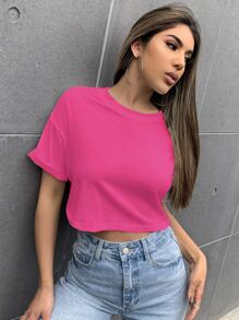 SHEIN LUNE Drop Shoulder Solid Tee - Hot Pink - View 5