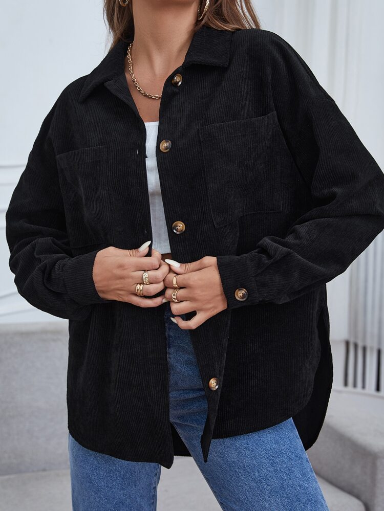 Patched Pocket Drop Shoulder Corduroy Coat In Fall/Winter