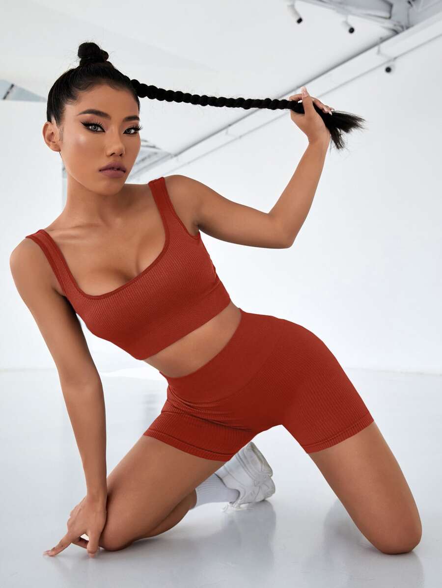 Seamless Top-stitching Wideband Waist Sports Set - Burgundy - View 1