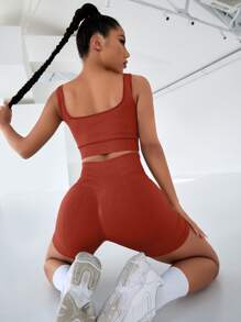 Seamless Top-stitching Wideband Waist Sports Set - Burgundy - View 2