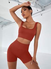 Seamless Top-stitching Wideband Waist Sports Set - Burgundy - View 3