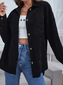 SHEIN Essnce Patched Pocket Drop Shoulder Corduroy Coat In Fall/Winter - Black - View 3