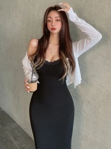 DAZY Contrast Lace Split Rib Knit Cami Bodycon Dress,Ladies Elegant Contrast Lace,Rib-Knit,Split Thigh Sleeveless Spaghetti Strap Slim Fit Long Black Viscose Plain Cami Women Long Dresses,Spring/Summer,Casual Daily Wear Sundress - Black - View 3