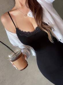 DAZY Contrast Lace Split Rib Knit Cami Bodycon Dress,Ladies Elegant Contrast Lace,Rib-Knit,Split Thigh Sleeveless Spaghetti Strap Slim Fit Long Black Viscose Plain Cami Women Long Dresses,Spring/Summer,Casual Daily Wear Sundress - Black - View 5