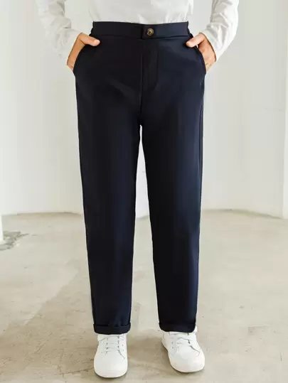 SHEIN Pantalones De Pierna Recta Sólidos Para Chicos Preadolescentes