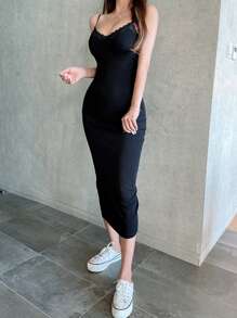 DAZY Contrast Lace Split Rib Knit Cami Bodycon Dress,Ladies Elegant Contrast Lace,Rib-Knit,Split Thigh Sleeveless Spaghetti Strap Slim Fit Long Black Viscose Plain Cami Women Long Dresses,Spring/Summer,Casual Daily Wear Sundress - Black - View 8