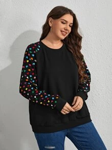 SHEIN LUNE 大碼愛心圖案插肩袖運動衫 - 黑色 - 查看 3