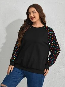 SHEIN LUNE 大碼愛心圖案插肩袖運動衫 - 黑色 - 查看 4